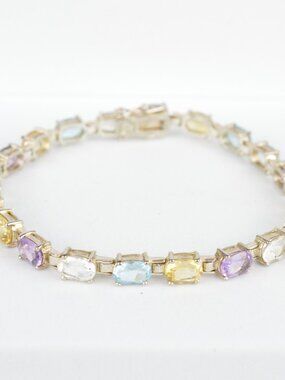 ALX Thai 925 Sterling Silver Multi Gemstone Tennis Bracelet 7" Oval Pastel 13.3g